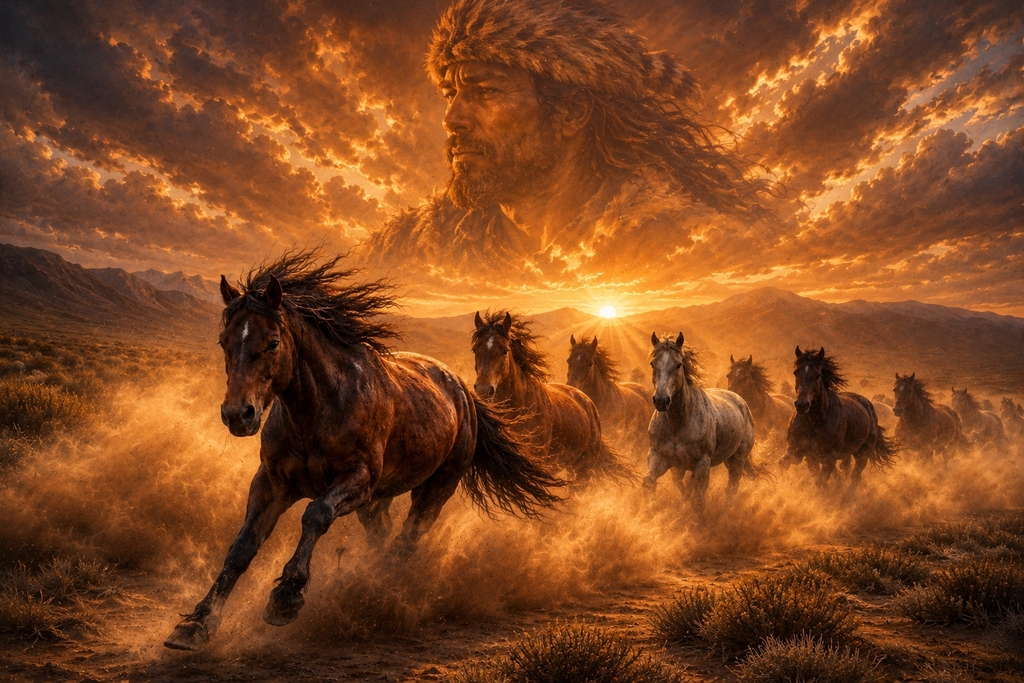 wild Horses running in the high plains with the spirit of a mountain an in the sky at sunset