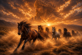 wild Horses running in the high plains with the spirit of a mountain an in the sky at sunset
