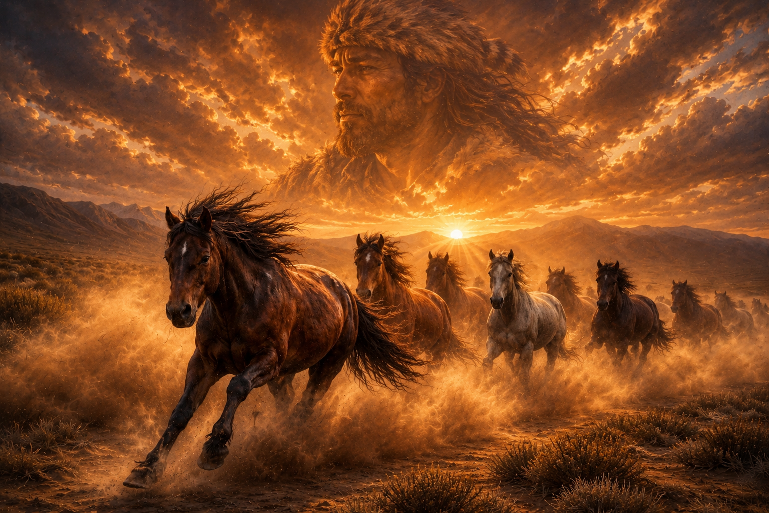 wild Horses running in the high plains with the spirit of a mountain an in the sky at sunset