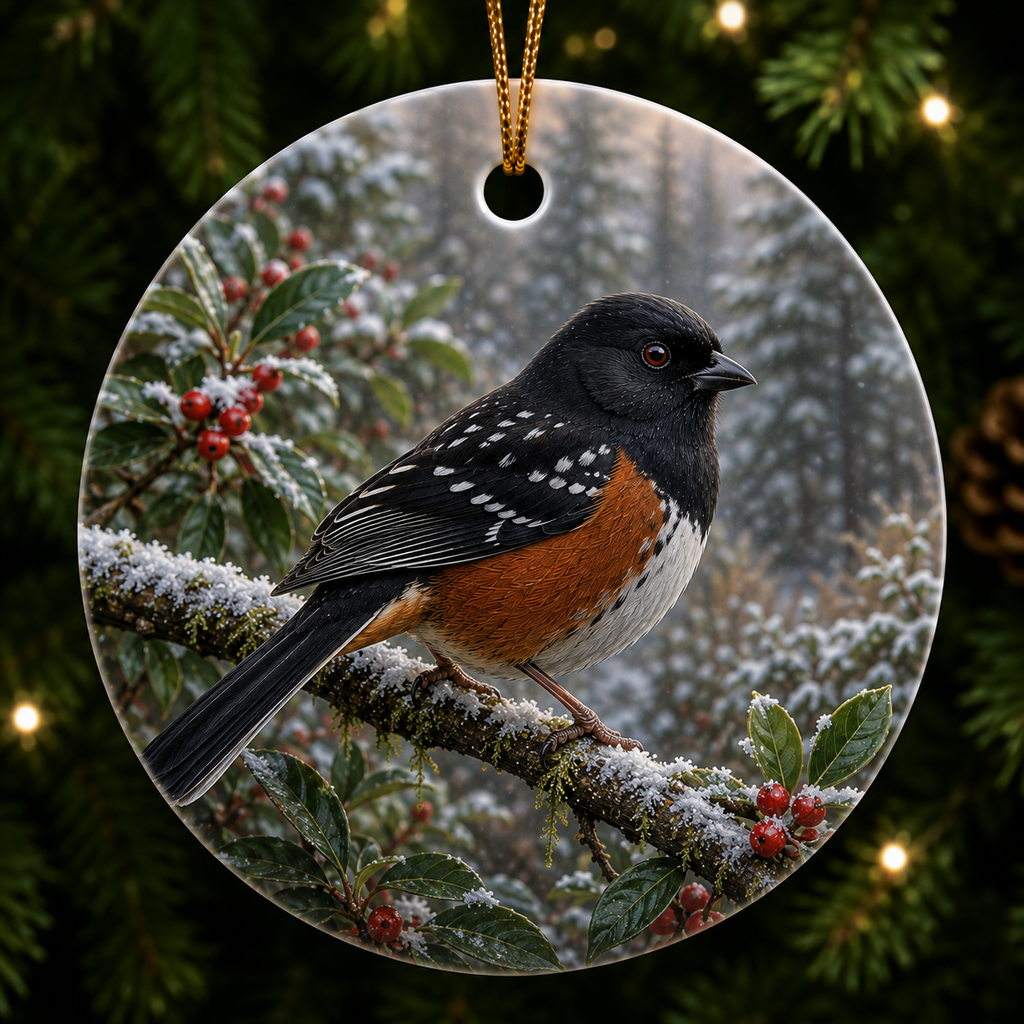 Realistic painting of a Spotted Towhee in winter on a Ceramic Ornament.