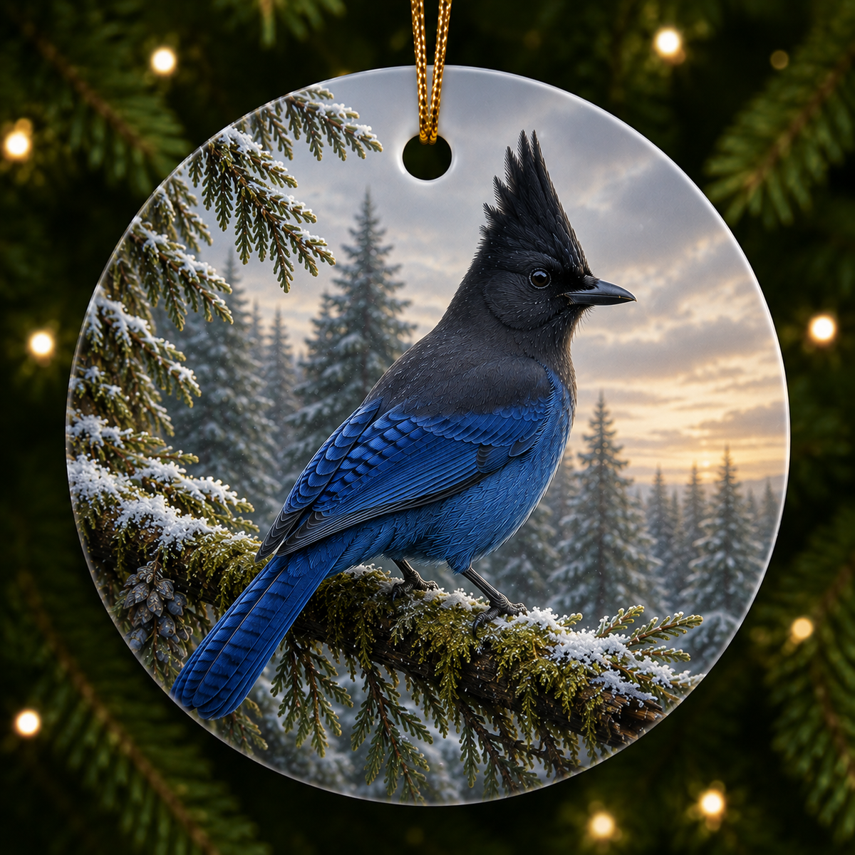 Round Christmas ceramic ornament featuring a Stellars Jay perched on a snowy evergreen branch against a forest sunset, hanging from a gold string against a dark festive background with blurred lights.