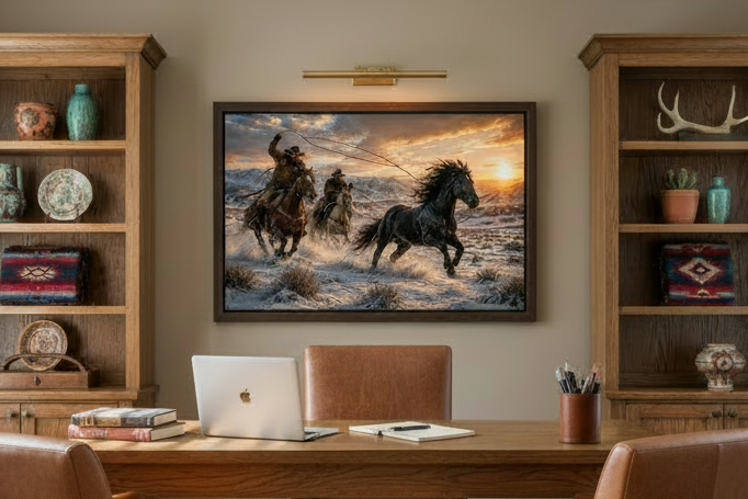 Home office with a desk, laptop, and a painting of two cowboys on horseback chasing a wild mustang horse.