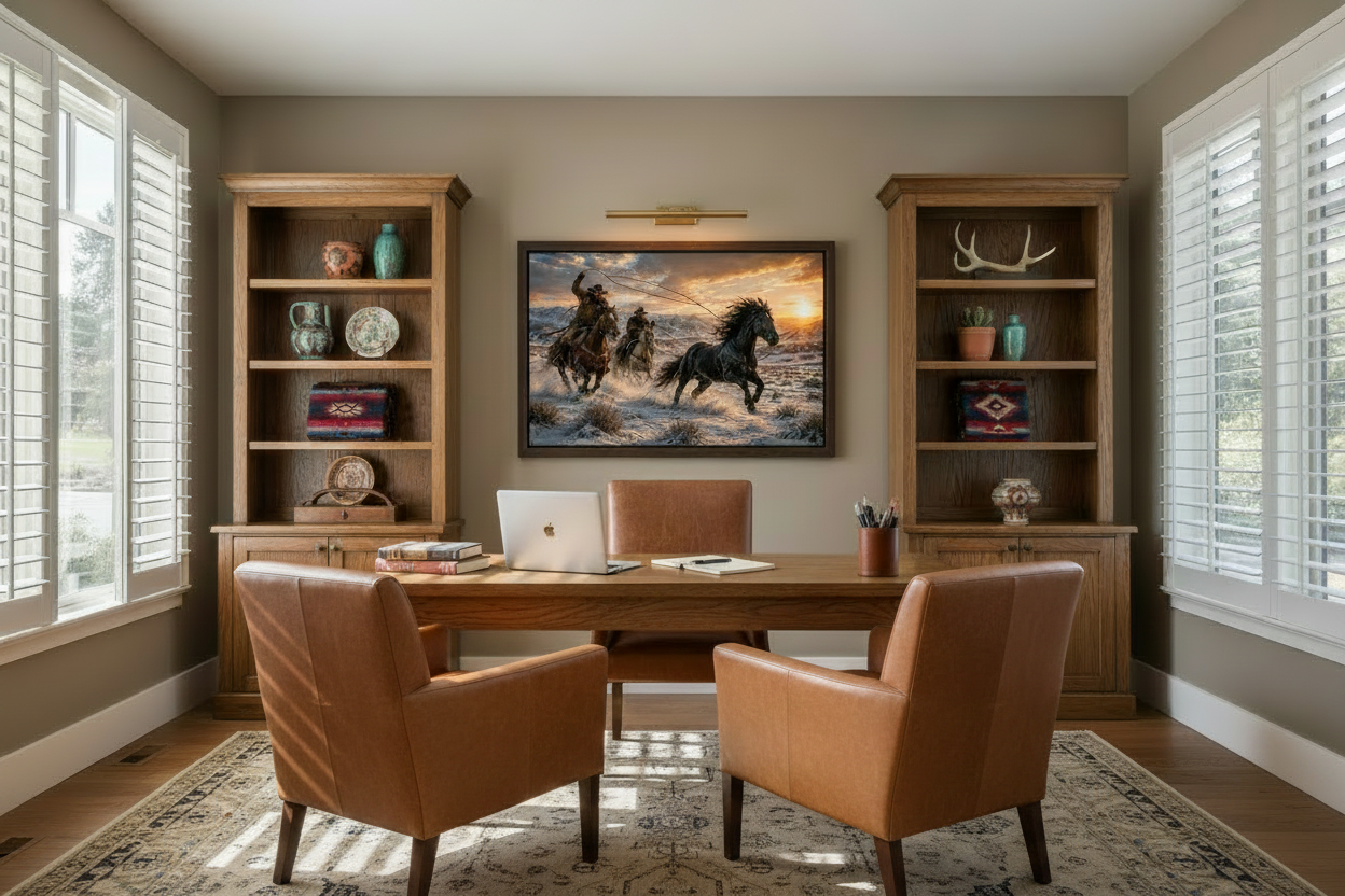 Home office with desk, bookshelves, and a painting of cowboys on horseback chasing a wild mustang horse.