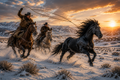 Painting of two cowboys on horseback chasing a black wild mustang horse in a snowy landscape with a sunset.