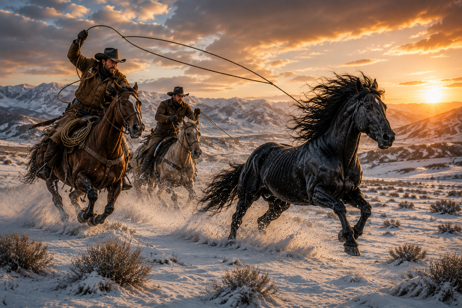 Painting of two cowboys on horseback chasing a black wild mustang horse in a snowy landscape with a sunset.
