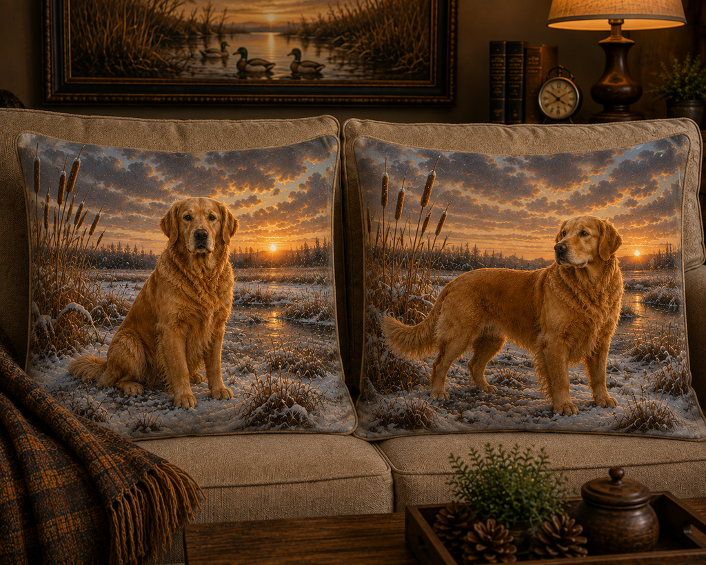 Two square throw pillows on a beige sofa, printed with a golden retriever in a snowy marsh at sunset. The scene includes a framed landscape painting, books, a lamp, and a small plant in a cozy room setting.