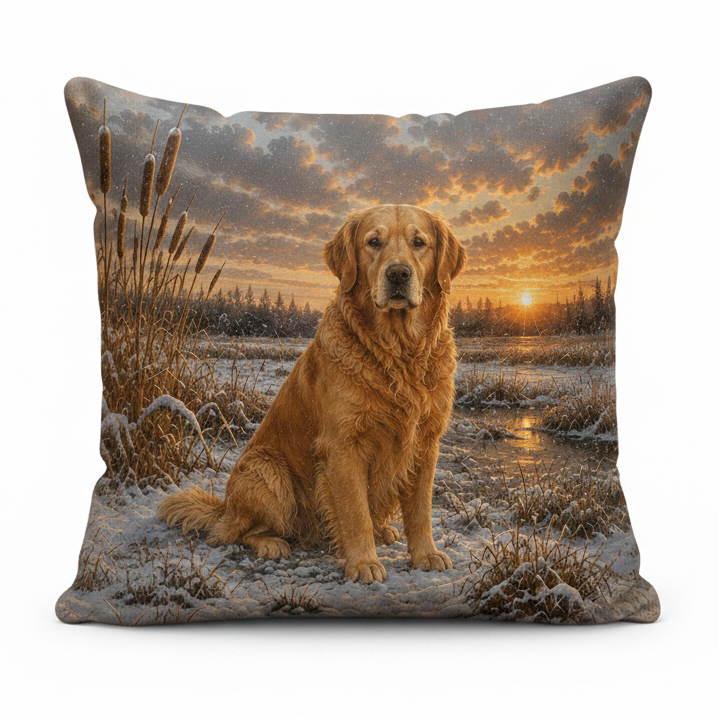 A square throw pillow featuring a printed design of a golden retriever sitting in a snowy field at sunset, shown against a plain white background.