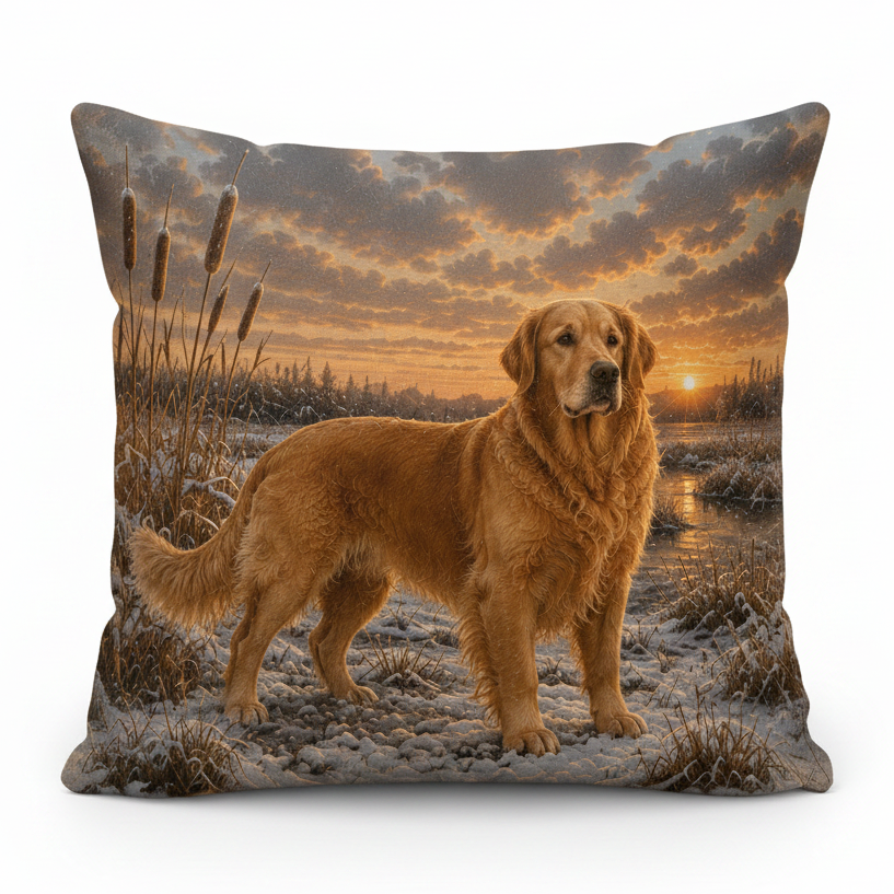 A square throw pillow featuring a printed design of a golden retriever standing in a snowy landscape at sunset, shown against a plain white background.