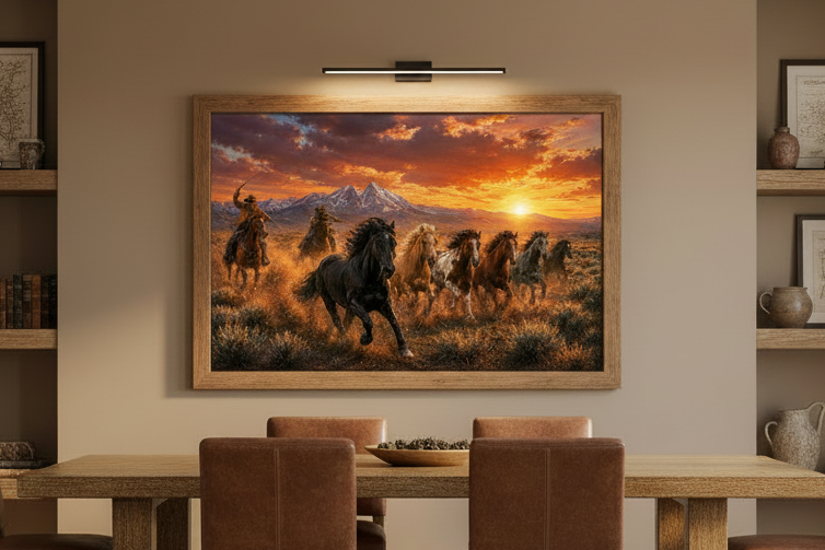 Framed artwork of wild mustang horses running in a field with mountains at sunset, displayed above a dining table.