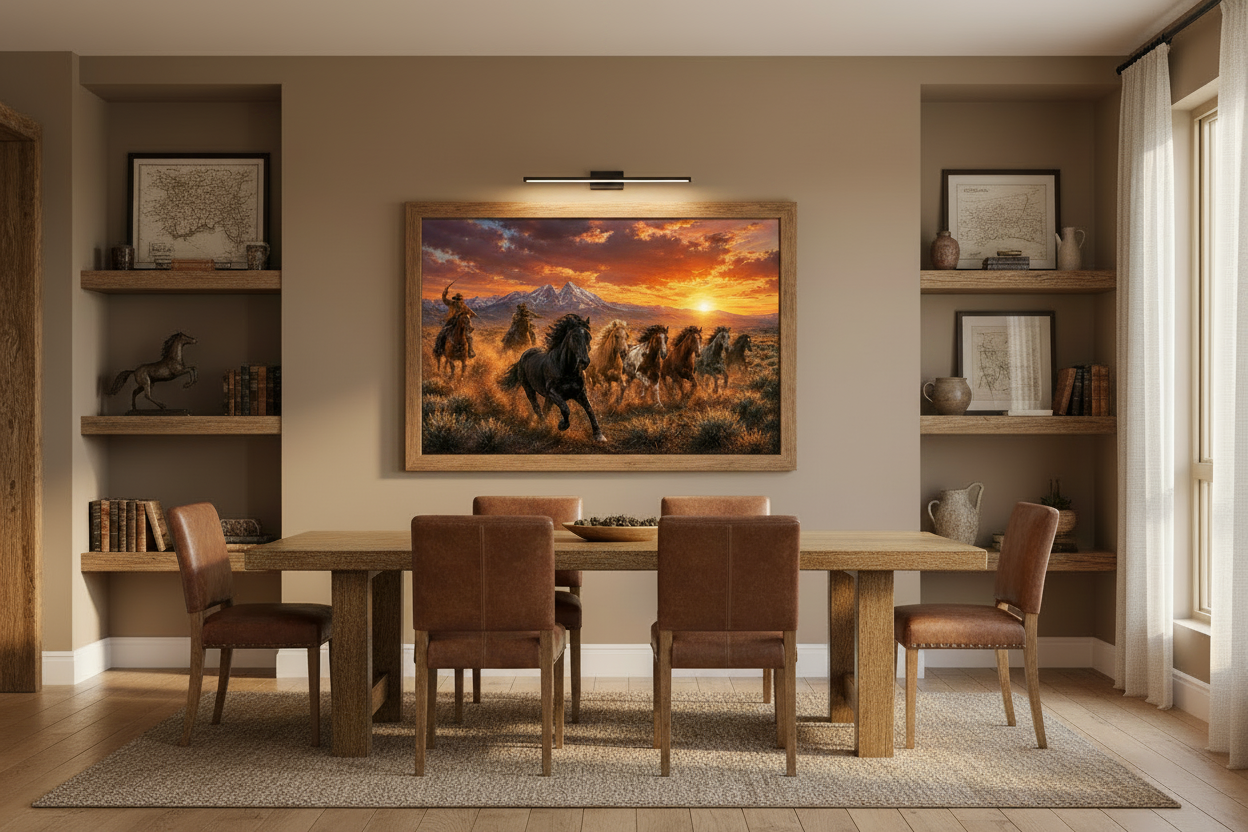 Painting of wild mustang horses running in a field with cowboys and mountains in the background dusring sunset.