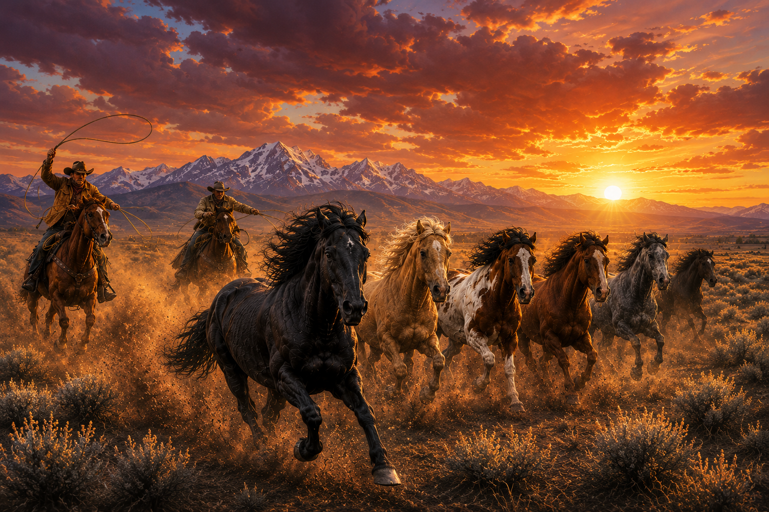 Painbting of wild mustang horses running in a field with a cowboy and mountains in the background during sunset.