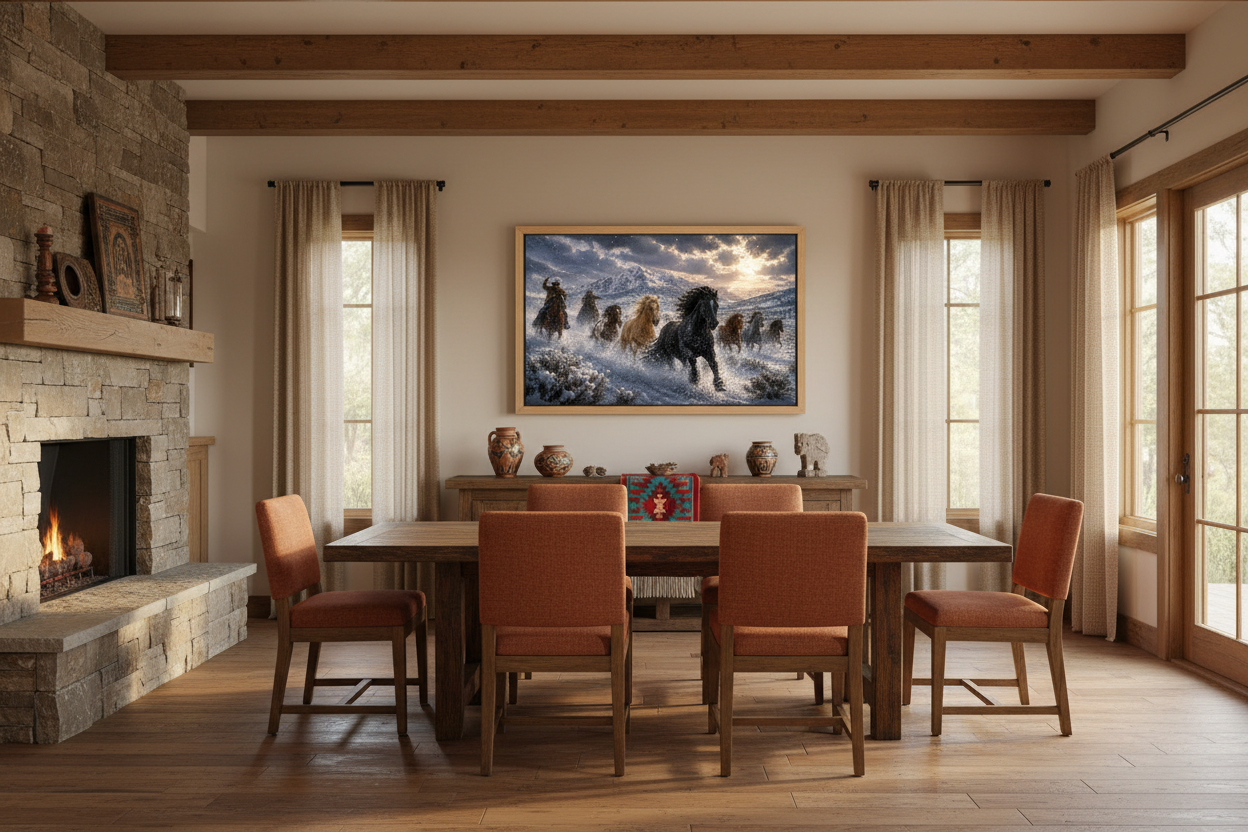 Dining room with stone fireplace, wooden table, and chairs, and a large painting of wild mustang horeses in a winter landscape on the wall.