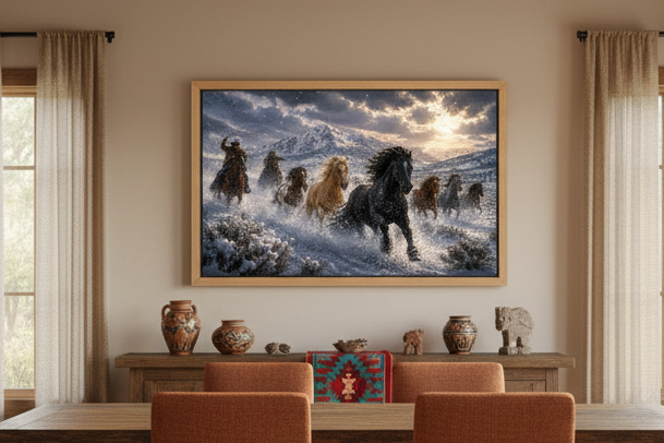 Framed artwork of wild mustang horses running in a snowy landscape above a wooden cabinet with decorative items.