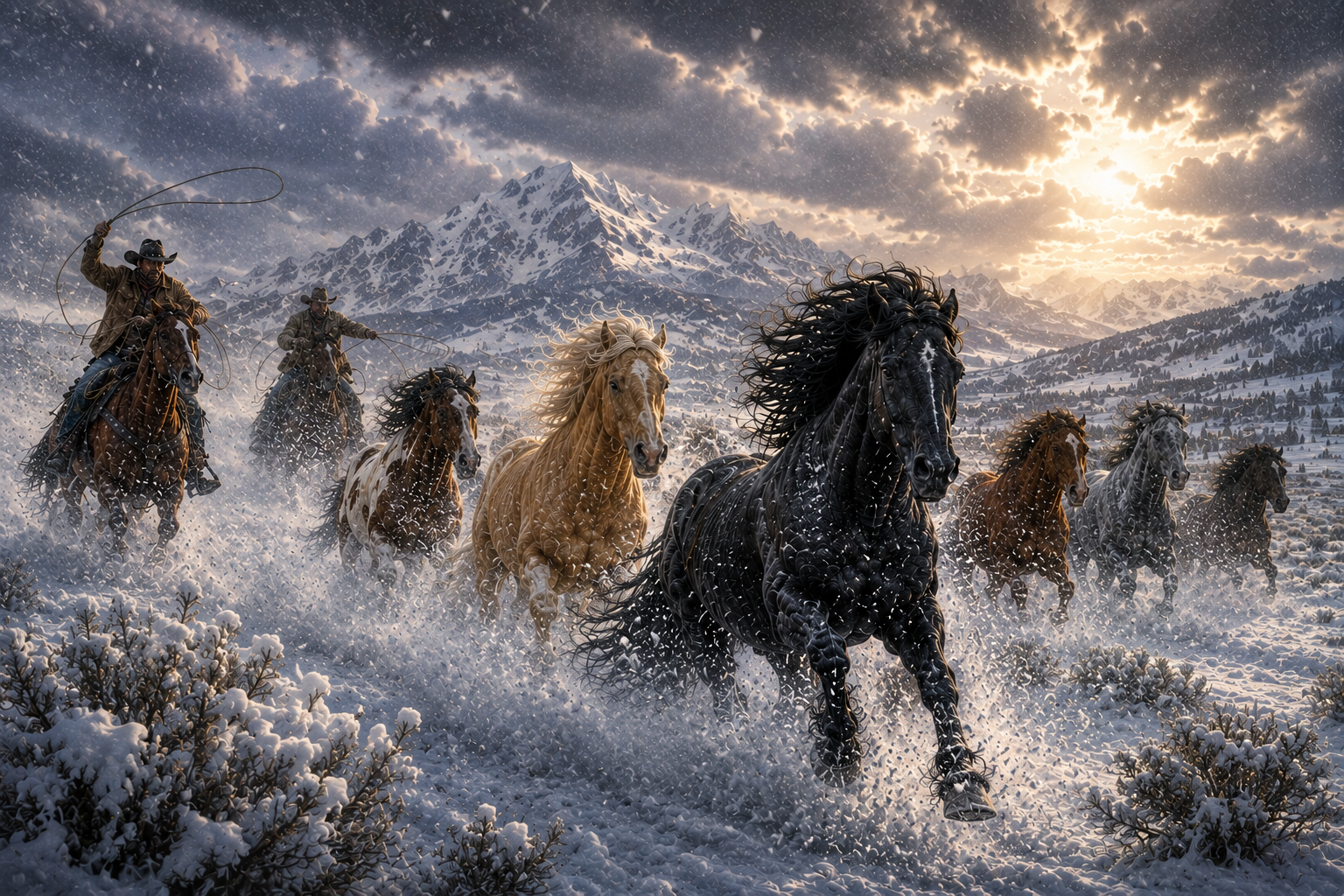 Wild Mustang horses running through a snowy landscape with mountains in the background - painting print on canvas.