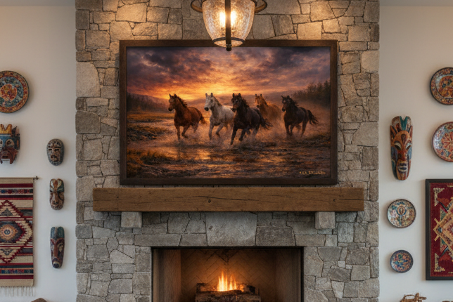 Framed artwork of wild mustang horses on a mantle above stone firepalce.