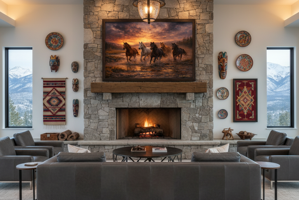 Pianting of wild horses in Living room with stone fireplace, and decorative items.