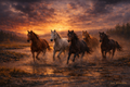 Wild MustangHorses running through water at sunset with a dramatic sky.